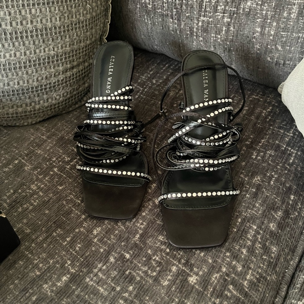 Women’s Black Chunky Heels with Silver Stud Detail and Wrap Tie